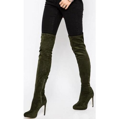New designer custom slimmer thigh high womens suede leather long boots slip-on round toe high heel boots celebrities party shoes