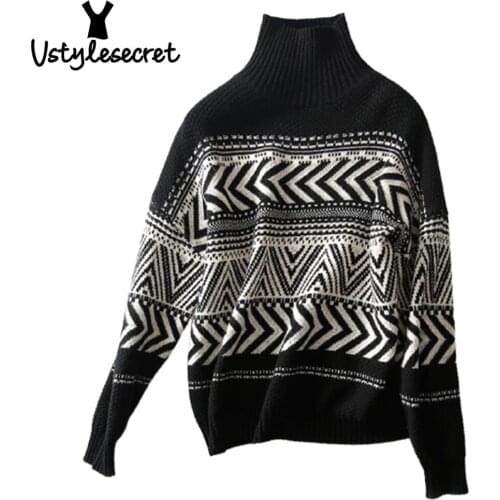 Women Jacquard Sweater Turtleneck Winter Thick Warm Pull Femme Black And White Korean Fashion Tops Vetement Femme 2021YS07001