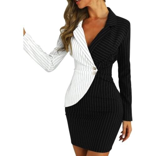 Women Striped Dress Turn Down Neck Long Sleeve Dress Buttons Patchwork Bodycon Blazer Dress Vestidos De Verano #G3