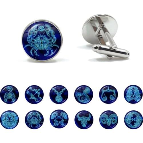 12 Constellations Cufflinks for Men Cufflink Glass Jewelry Wedding Zodiac Signs Suit Shirt Cuff Links Man Accessories Gift