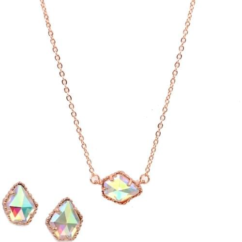 2021 New Rainbow AB Color Glass Pentagon Claw Gem Stone Geometric Stud Earrings & Necklace Jewerly Set for Women