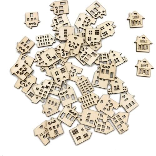 50PCS Wood Craft Shapes House Shaped Wood Embellishment Cutout Veneers for DIY Craft Project Home Ornaments