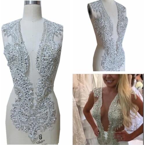 Handmade rhinestones boidice applique on white mesh sew on full body patches applique for dress