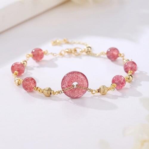 Lucky Round Pink Natural Strawberry Quartz Gold Filled Beaded Strand Bracelets for Women Fine Jewelry Gift for Friend YBR367