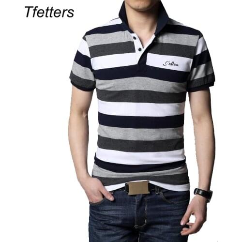 TFETTERS Brand Tops Summer Men Striped T shirt Short Sleeve Turn-Down Collar Slim Fit Plus Size Cotton Casual tshirt for Man