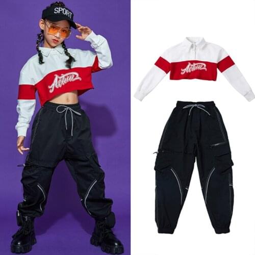 Kids Jazz Dance Costumes Girls Hip Hop Clothing Crop Tops Black Pants Long Sleeve Hip-Hop Suit Fashion Street Dance Wear BL5745