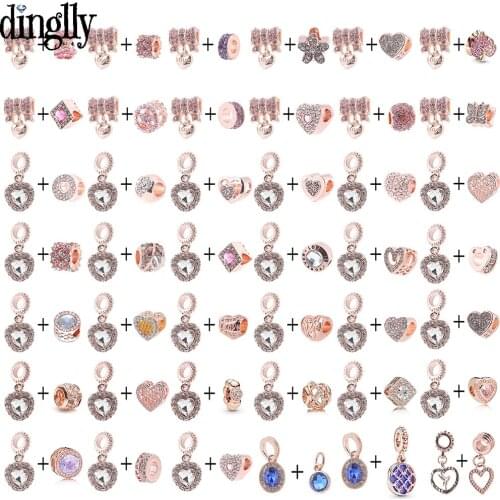 Dinglly Rose Gold Shiny Crystal Heart Beads Bow Love Dangle Charm Fit Original Bracelets For Women Diy Jewelry Accessories