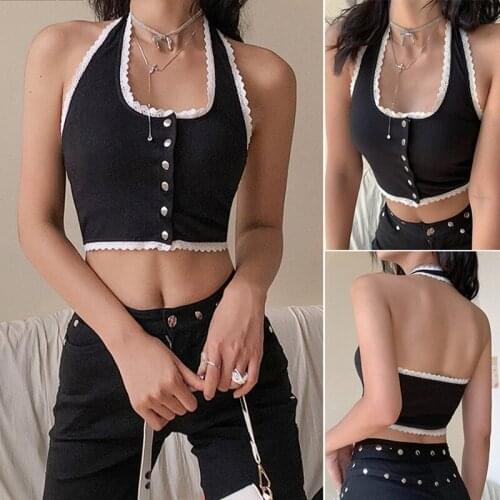 Goth Dark Sweet Girl Halter Crop Tops Lace Hem Patchwork Sexy Tank Top with Button Knitted Women Summer Wear