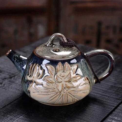 Ceramic Kiln Change Tea Pot Porcelain Kung Fu Kettle Handmade Teapot Large Retro Temmoku Glaze Home Hotel Water Pitcher Jug