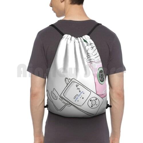 Cats , & Music Backpack Drawstring Bag Riding Climbing Gym Bag Cat Kitten Cute Pink White Pretty Girly Girls Frappuccino