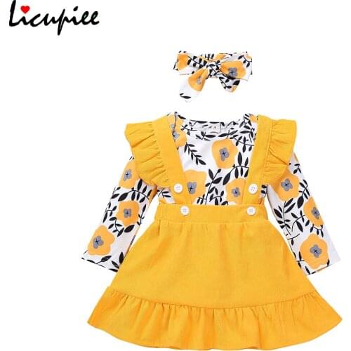 Baby Girls Skirt Three Piece Suit Fashion Flower Long Sleeve Jumpsuit Solid Color Suspender Skirt and Headband 0-18 Months
