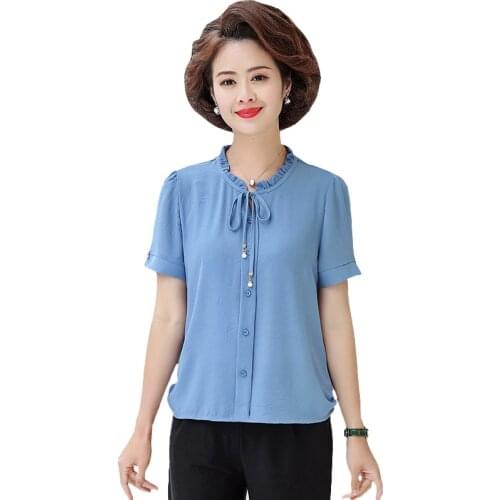 2021 Summer Plus Size Chiffon Shirt Solid Color Tees Middle Age Women Blouses Loose Casual Bow Tops Femme Plus Size 5XL