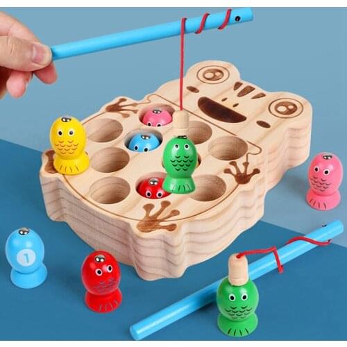 Magnetic Fishing Games Frog Base Baby Wooden Toys Kindergarten Supplies Educational Fishing Toys for Children