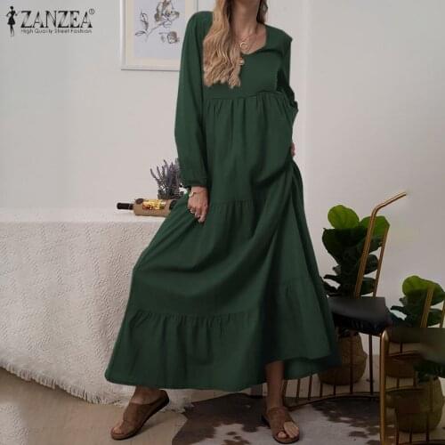 ZANZEA Fashion Spring V Neck Long Sleeve Party Sundress Elegant Women Casual Maxi Long Dress 2021 Ruffles Solid Vestidos Femme 7
