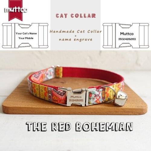 MUTTCO Retailing handmade engraved metal buckle cat collar THE RED BOHEMIAN fashion handmade soft cat collar 2 sizes UCC055