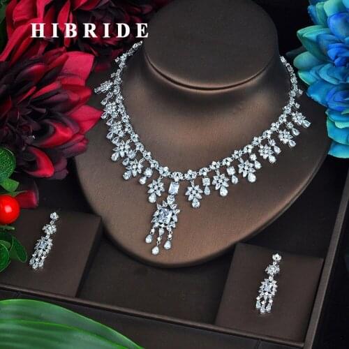 HIBRIDE Luxury Sparkling Cubic Zircon Jewelry Sets Tassel Necklace Sets For Women Dress Accessories Gifts Wholesale Price N-564