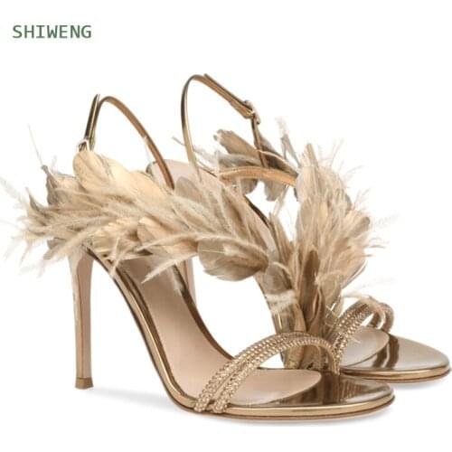 Woman Summer High Heels Sandals ladies Feather Heels Sandals Luxurious Crystal Dress Stilettos Party Wedding Sandal for Women