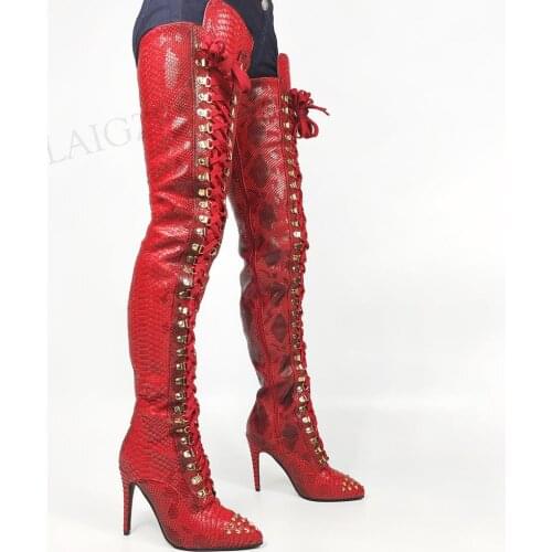 LAIGZEM Women Thigh High Boots Embossed Wide Calf Friendly Side Zip High Heels Studded Over Knee Boots Shoes Woman Size 42 44 47