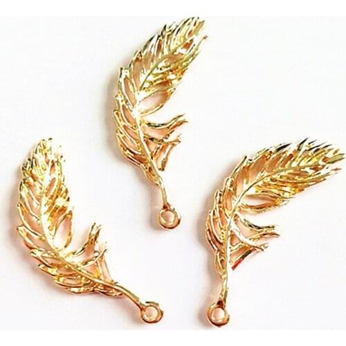 SEA MEW 10 PCS 13*36mm Metal Zinc Alloy Gold Feather Pendant Connector For Jewelry Making