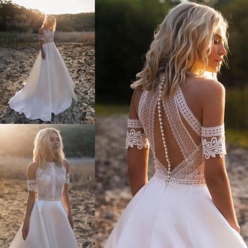 Robe De Mariee Bohemian Wedding Dresses 2021 New Design Lace Satin Bridal Gowns Button Back A-Line Wedding Dress