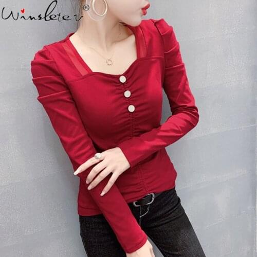 Vintage Square Collar T-Shirt Women Buttons Solid Tops Tshirt Slim Stretchy Puff Long Sleeve New 2020 T010204A