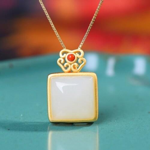 Natural Hetian Jade White Jade Small Square Square S905 Sterling Silver Pendant Court Ethnic Chinese Style Classical Retro Wome
