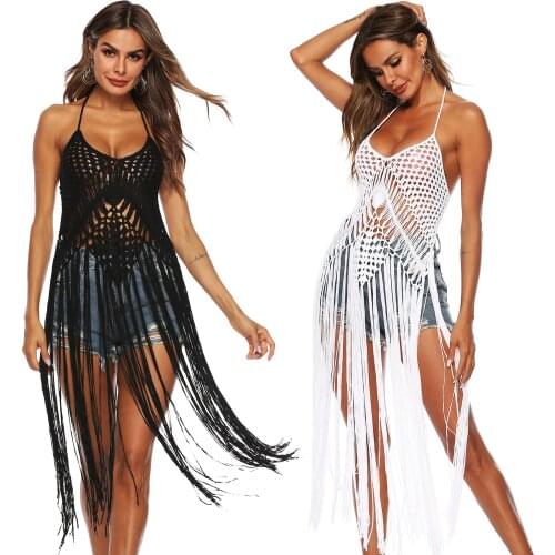 Womens Solid Boho Tassle Swimsuit Tops Bra Vest Tanks 2021 Fashion Sexy Hollow Halter Backless Swimwear Cover Ups Dresses