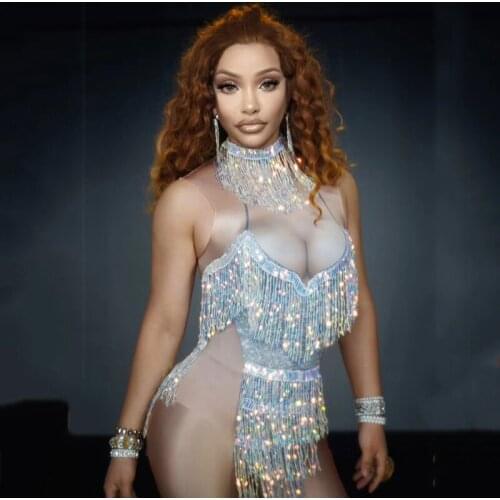 Flashing Sequins Fringes Bodysuit Women Singer Dance Stage Outfit Sexy Leotard Tassel Show Costume Celebrate Rave Clothes DJ1551