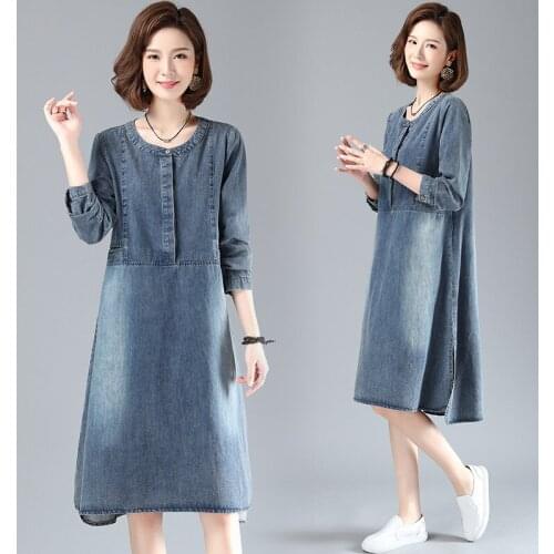 New Spring Autumn Women Dresses Plus Size Fashion O-Neck Casual Loose Pockets Long Sleeve Jeans Dress For Women Denim One-Piece