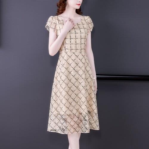 2021 Summer New Style Fashion Elegant Holiday Leisure Party Square Neck Short Sleeve Puff Sleeve Lace Dress Dress for Women