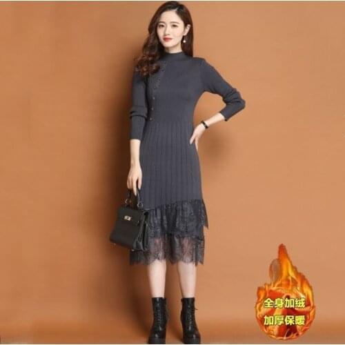 Women 2021 Autumn Winter Fashion Mid-long Knitted Sweater Dresses Female Lace Patchwork Dresses Ladies Thick Warm Vestidos D141