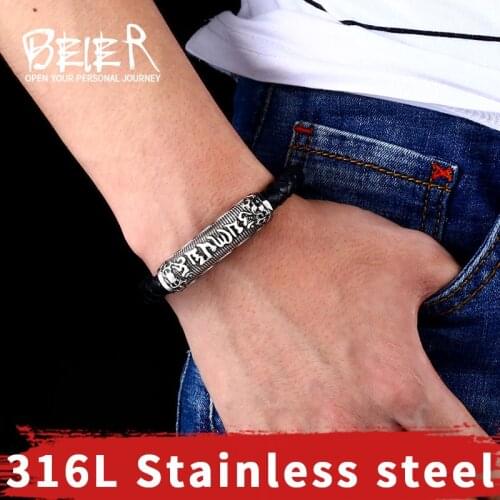BEIER charm Fine Retro Tibetan Buddhism Plated Thai rope Leather Bracelet Men Six Words Mantras jewelry man gift BC-L040