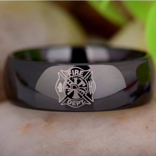 Free Shipping USA UK Canada Russia Brazil 8MM Comfort Fit Firefighter Fireman Black Dome New Mens Fashion Tungsten Wedding Ring