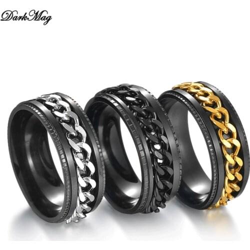DarkMag 8mm Cool Black Spinner Chain Ring for Men Tire Texture Stainless Steel Rotatable Links Punk Male Anel