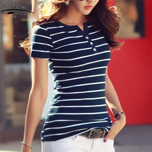 2021 Summer Top Shirts V-neck T Shirt Women Short Sleeve Casual Tshirts White Strip T-Shirt Plus Size Cotton Tee Shirt 3188 50