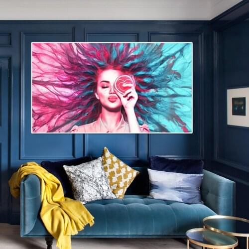 Canvas Painting abstract Woman with red blue hair Wall Art painting Decorative picture Figure ART Posters Bedside painting Decor