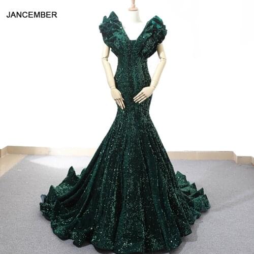 J66736 jancember green mermaid evening dress 2019 cap sleeve v-neck trumpet long dress applique evening gown вечернее платье