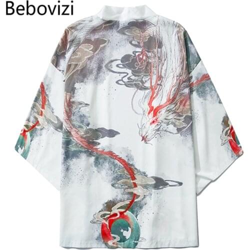 Bebovizi Asian Clothing Japanese Dragon Kimono Streetwear Men Women Cardigan Harajuku White Yukata Robe Traditional Clothes