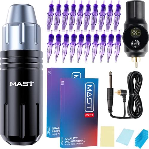 Dragonhawk Mast Tattoo Pen Machine Kit Motor Rotary Pen Permanent Makeup Cartridge Needles Set Rechargeable LCD RCA Cord Battery