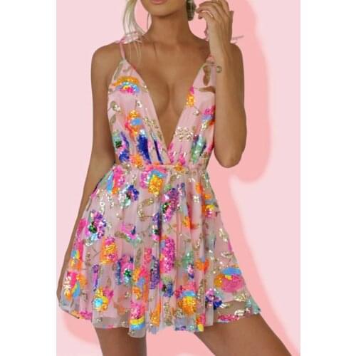 Sleeveless Backless Sequined Party Mini Dress Short Deep V Neck Sexy Chic Night Out Club