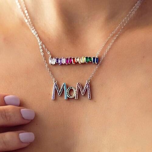 925 sterling silver Mothers Day gift Charm Hollow letter MOM Jewelry Micro Pave Coloful Rainbow CZ Simple Pendant Necklace 2019