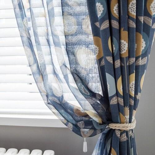 Blue Polyester Cotton Curtains for Living Room Modern Printed Floral Curtain tulle Window Treatment Drapes for Bedroom