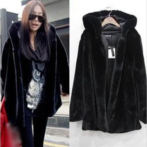 Winter Women Warm Faux Fur Coat Jacket Black Fluffy Warm Hooded Outerwear Casual Long Sleeve Luxury Female Fur Plush Coats
