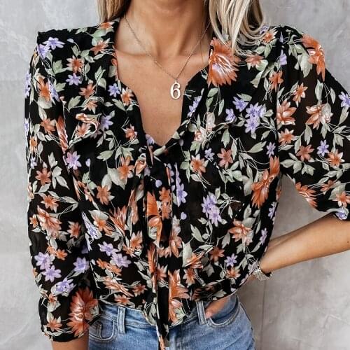 Womens Blouses and Shirt 2021 Ruffle Bow V-neck Casual Female Blouse Floral Print Streetwear Blusas Shirts Top