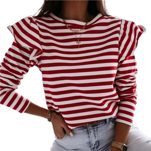 Womens Striped Shirt Long-Sleeved Top Fall Elastic Party Round Neck Ruffle Shoulder Warm Clothes