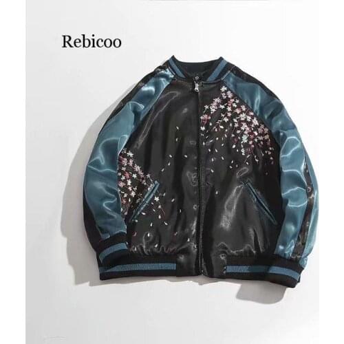 Autumn Winter Womens Fish Flower Embroidery Vintage Jacket Parka High Street Black Striped Bomber Jacket Chaqueta Mujer