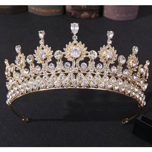 FORSEVEN Gold Color Baroque Crown Handmade Zircon Alloy Rhinestone Crown Bride Wedding Headband Women Headdress Hair AccessoryJL