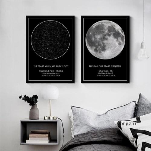Constellation Star Map Night Sky Canvas Painting Black and White Wall Art Poster Print Pictures Bedroom Home Decor Wedding Gift