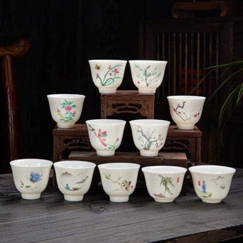 2pcs/set Tea Cup Suet Jade Porcelain Single Cup Kungfu Tea Cup Chinese Style Floral Pattern Teaware Drinking Tool Kitchen Supply
