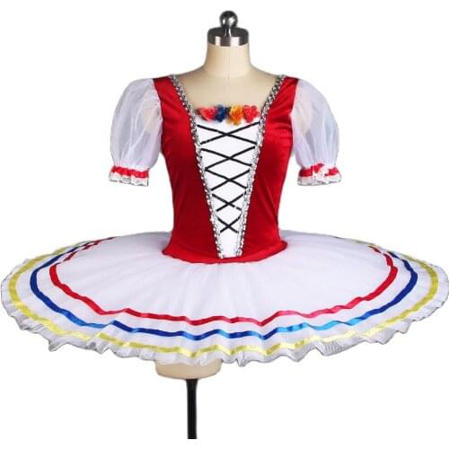 Short Sleeve Ballet Pancake Tutu Stretch Red Velvet Bodice with 7 Layers Pleated Tutu Skirt Pre-Professional Ballet Tutus BLL438